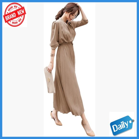 Long Sleeve Pleated Maxi Dress with Tie Waist Loose Fit Polyester
